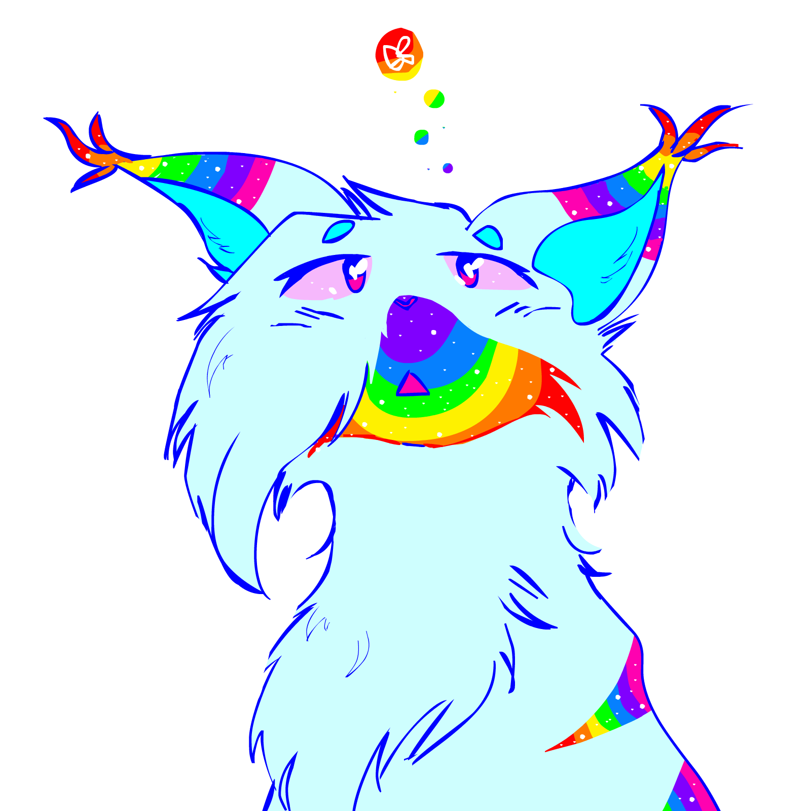 A Flash drawing of Failsafe, a firefly with a rainbow glow, hovering above Glitterdream, a pale blue cat with glittery rainbow markings on her ears, muzzle, and back stripes. She looks up at Failsafe with her pink eyes, regarding her with a curious expression.
